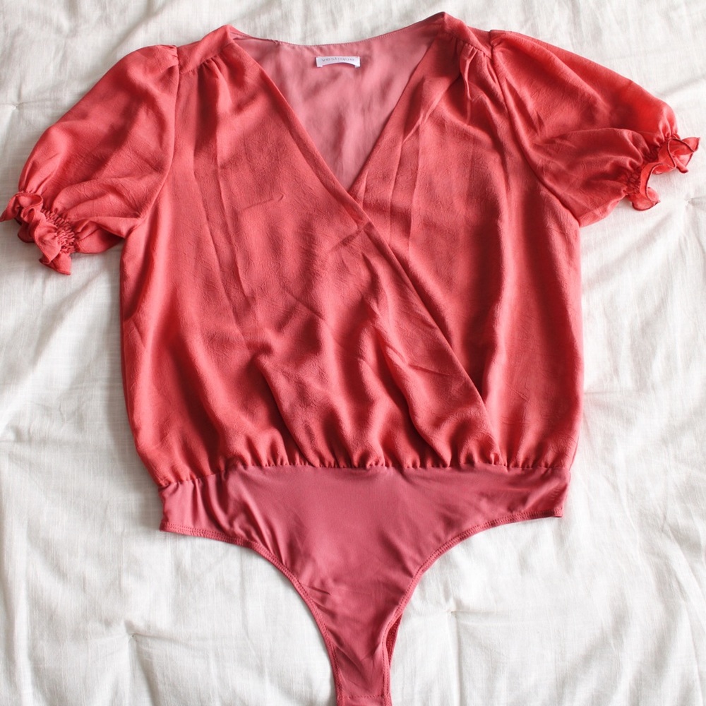 Coral cap sleeve wrap style bodysuit